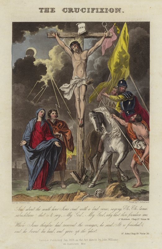 Jesu Kristi korsfestelse (farget gravering) av English School