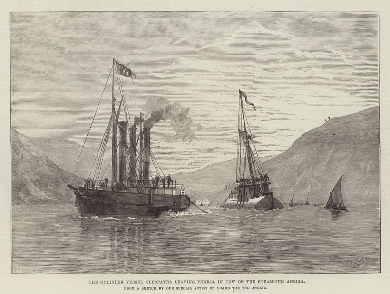 Sylinderfartøyet Cleopatra forlater Ferrol i Tow of the Steam-Tug Anglia (gravering) av English School