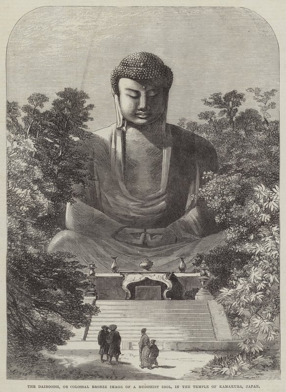 Daibodh, eller kolossalt bronsebilde av et buddhistisk idol, i tempelet i Kamakura, Japan (gravering) av English School