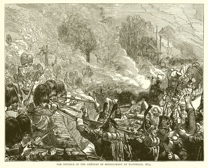 Forsvaret av Chateau of Hougoumont ved Waterloo, 1815 av English School