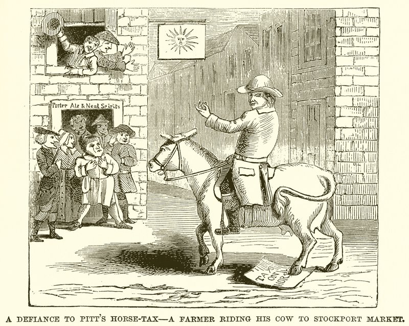 The Defiance to Pitts Horse-Tax - En bonde som rir på kua til Stockport Market av English School