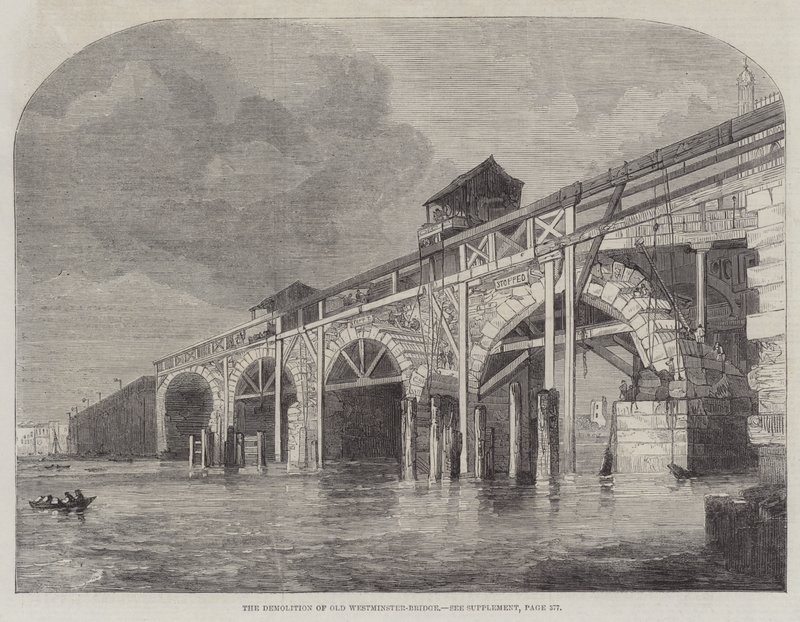 Rivingen av Old Westminster-Bridge (gravering) av English School
