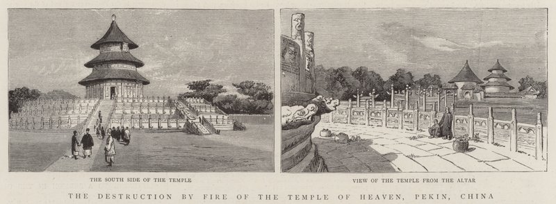 The Destruction by Fire of the Temple of Heaven, Pekin, Kina (gravering) av English School