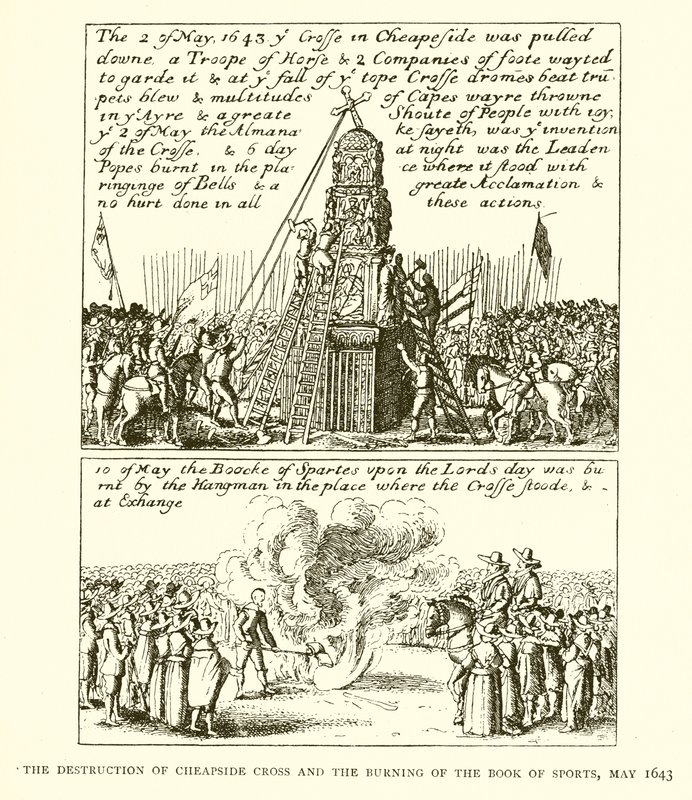 Ødeleggelsen av Cheapside Cross and the Burning of the Book of Sports, mai 1643 av English School