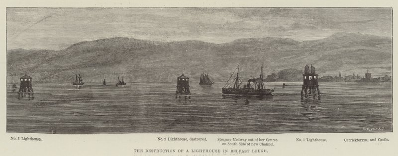 Ødeleggelsen av et fyrtårn i Belfast Lough (gravering) av English School