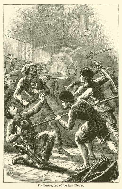 Ødeleggelsen av Sark-piratene (gravering) av English School