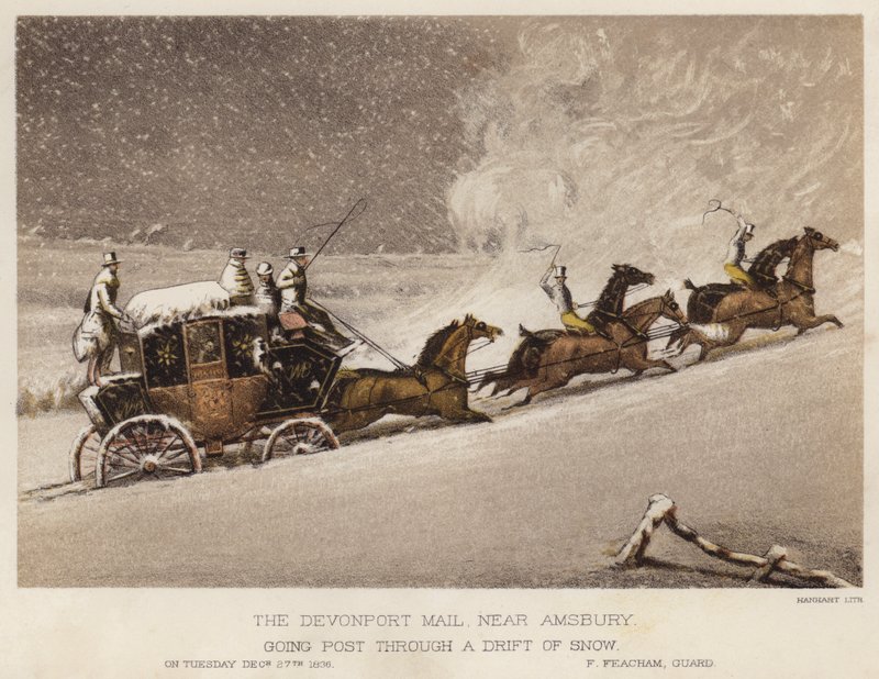 Devonport-posten, nær Amsbury, går post gjennom en snødrev (farge litho) av English School