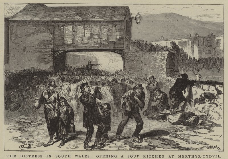 Nøden i Sør-Wales, åpning av et suppekjøkken i Merthyr-Tydvil (gravering) av English School