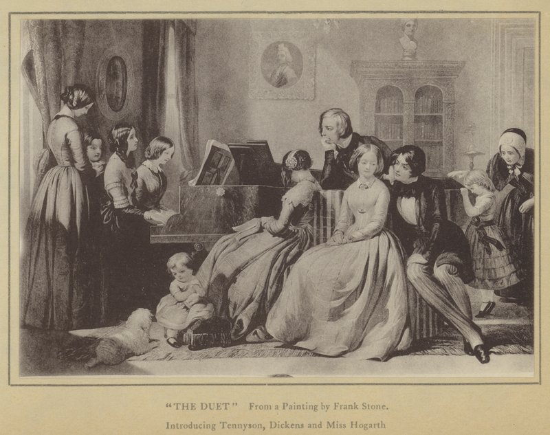 Duetten, fra et maleri av Frank Stone, introduserer Tennyson, Dickens og Miss Hogarth (litho) av English School