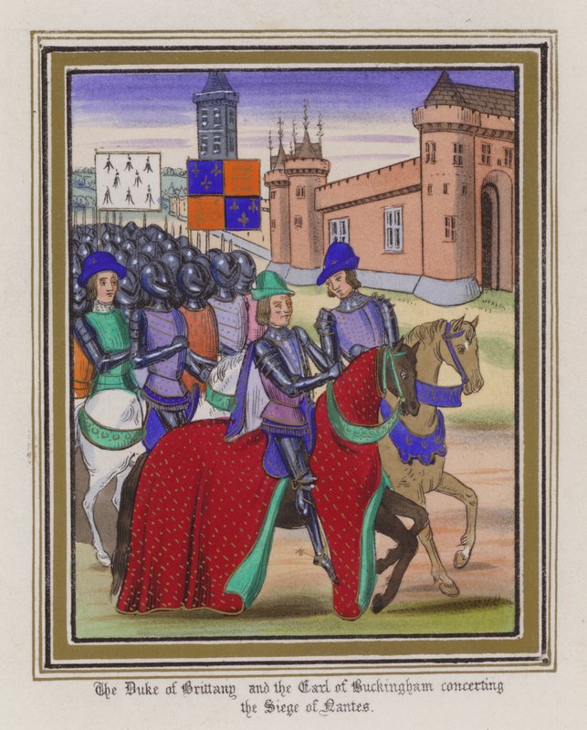 The Duke of Brittany og The Earl of Buckingham konserter The Siege Of Nantes (farget gravering) av English School