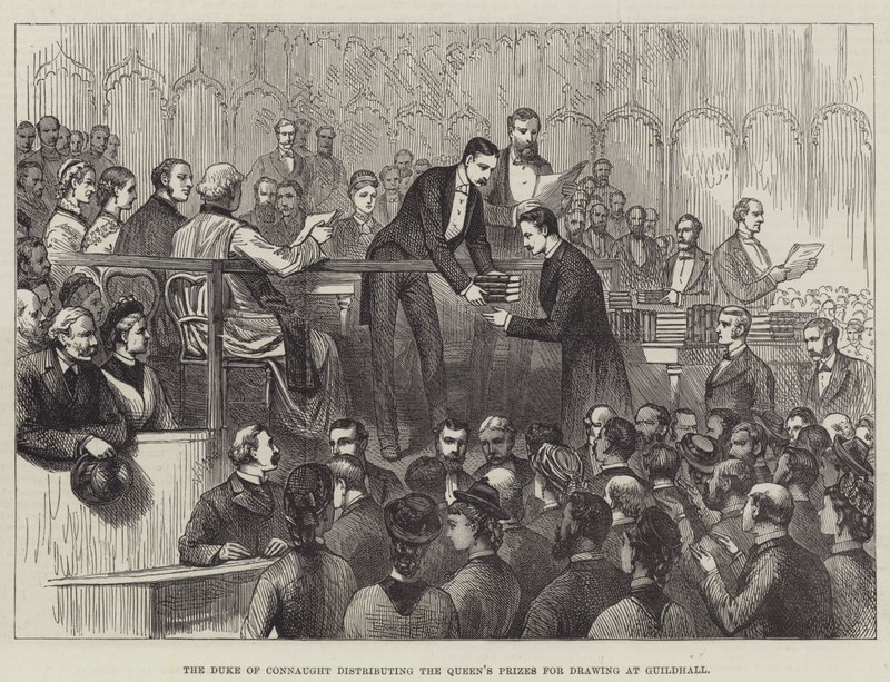 Hertugen av Connaught deler ut dronningens priser for tegning i Guildhall (gravering) av English School