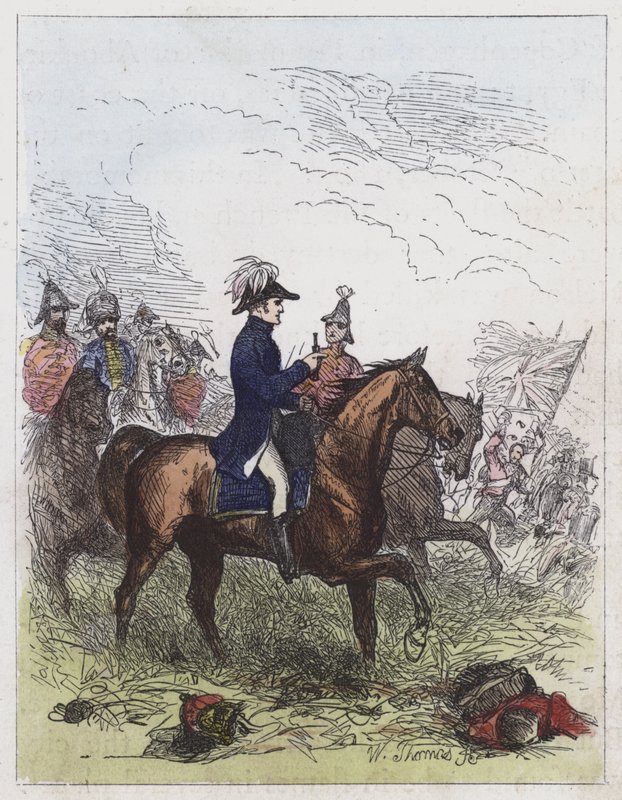 Hertugen av Wellington ved Waterloo (farget gravering) av English School