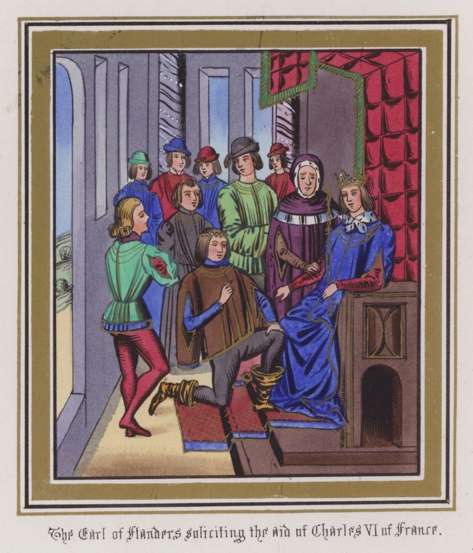 Jarlen av Flandern ber om hjelp fra Charles VI av Frankrike (farget gravering) av English School