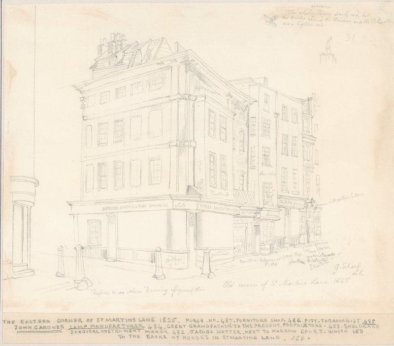 The Eastern Corner of St Martins Lane, London, 1825 av English School