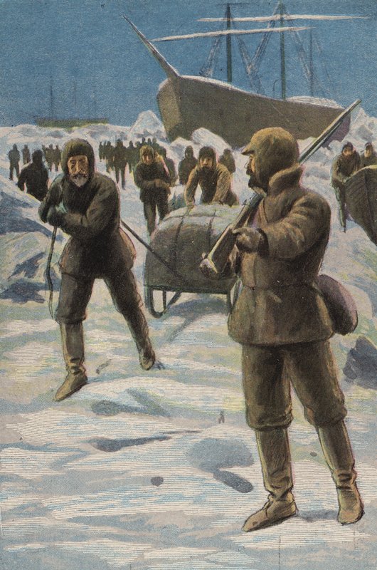 Erebus og terror i isen (farge litho) av English School
