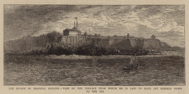 The Escape of Marshal Bazaine, utsikt over terrassen hvorfra han sies å ha sluppet seg ned til havet (gravering) av English School