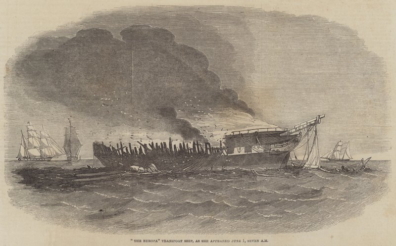 "The Europa" Transport Ship, slik hun dukket opp 1. juni, syv om morgenen (gravering) av English School