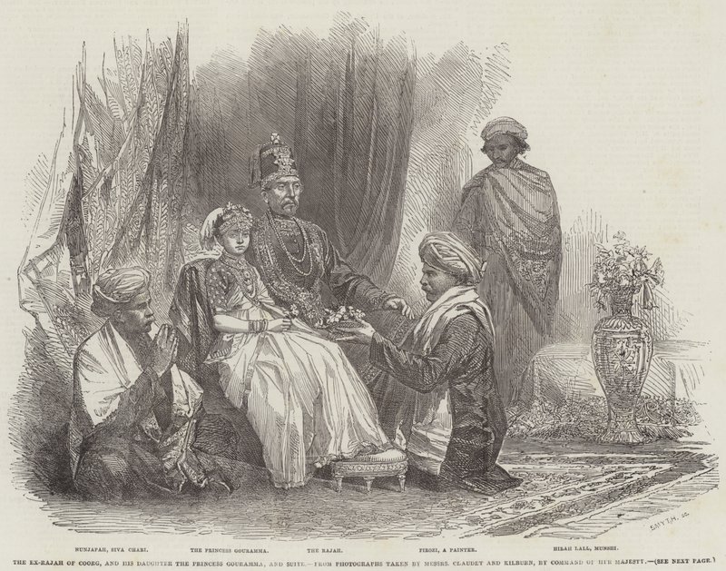 Eks-Rajah av Coorg, og hans datter, prinsessen Gouramma, og suite (gravering) av English School