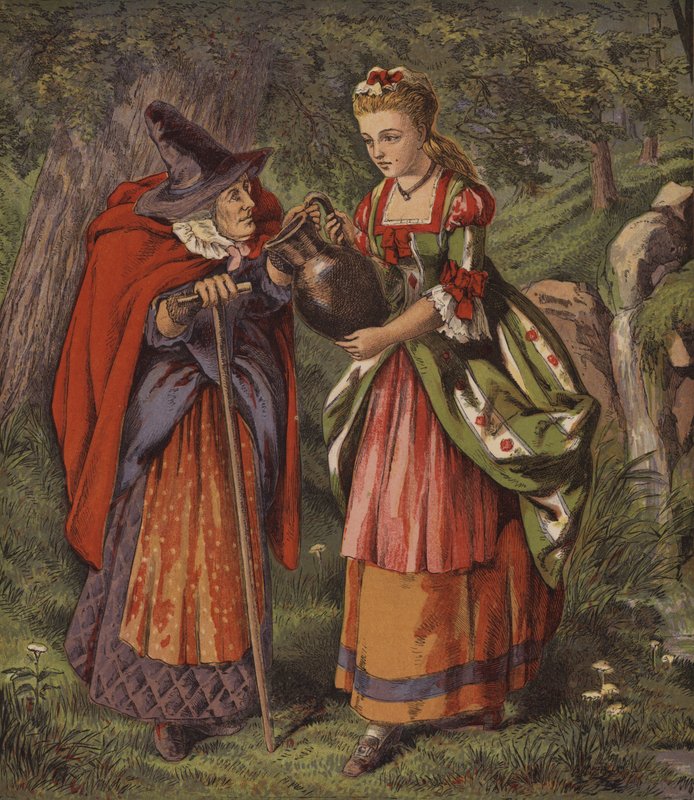 Feen ved fontenen, eller de to jentene (farge litho) av English School