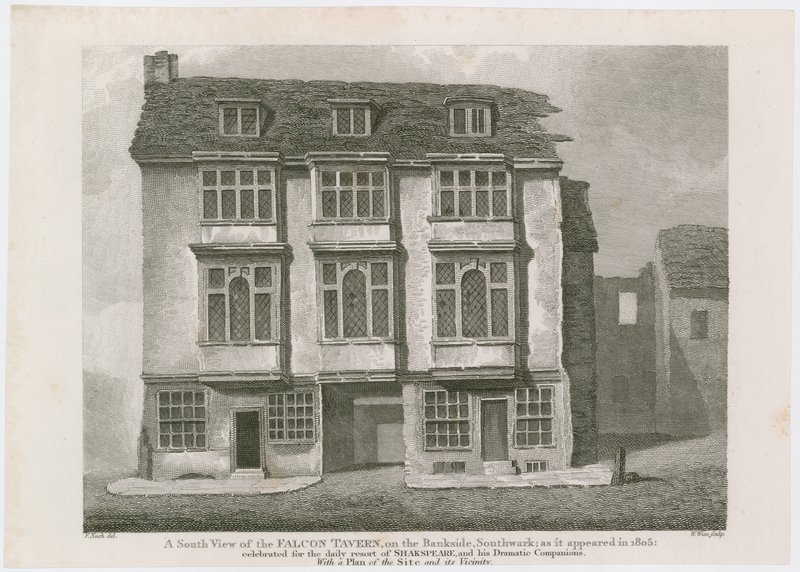 Falcon Tavern på Bankside, Southwark. Slik det dukket opp i 1805 av English School