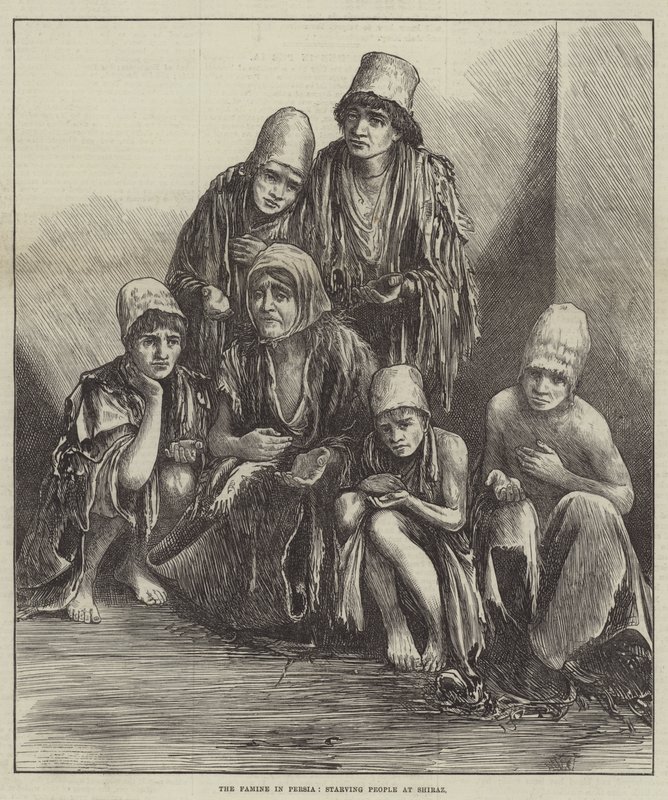 Hungersnøden i Persia, sultende mennesker ved Shiraz (gravering) av English School