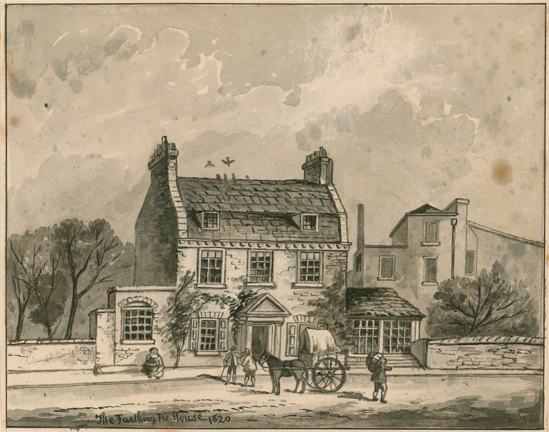 The Farthing Pie House, London, original tegning datert 1820 (wc på papir) av English School