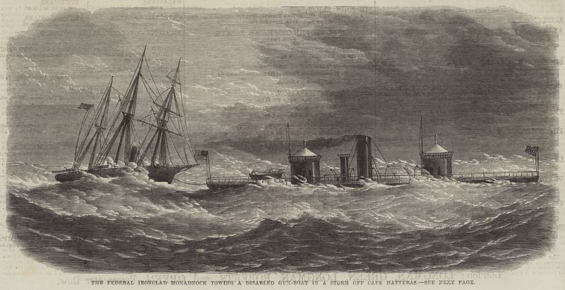The Federal Ironclad Monadnock sleper en funksjonshemmet pistolbåt i en storm utenfor Cape Hatteras (gravering) av English School