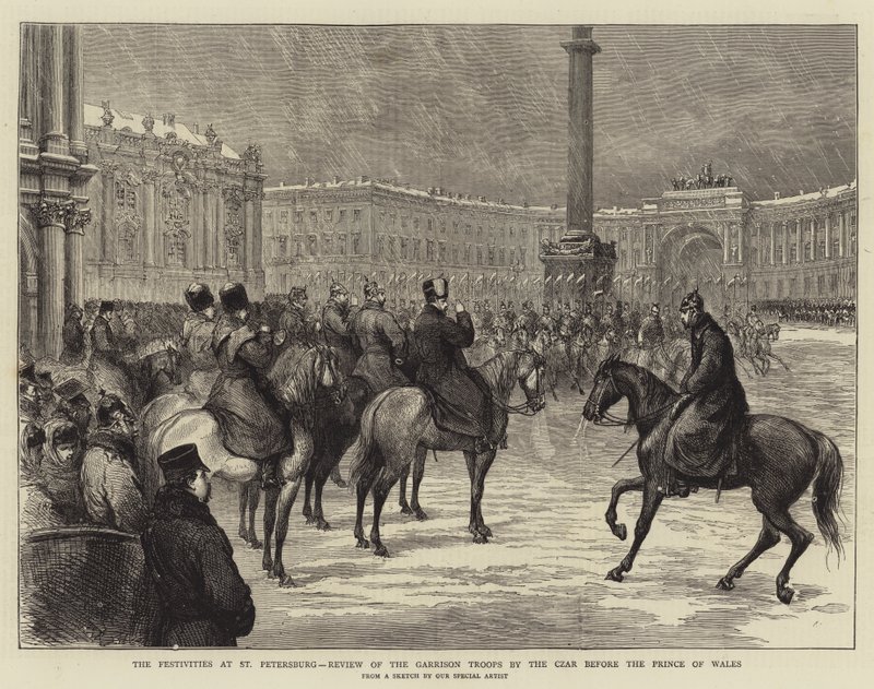 Festlighetene i St. Petersburg, gjennomgang av garnisontroppene av tsaren før prinsen av Wales (gravering) av English School