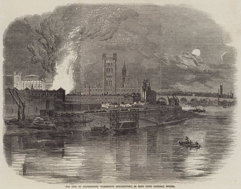 The Fire at Broadwoods' Pianoforte Manufactory, sett fra Vauxhall Bridge (gravering) av English School