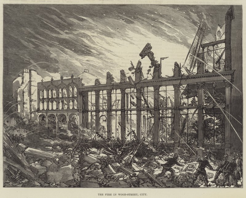 The Fire in Wood-Street, City (gravering) av English School