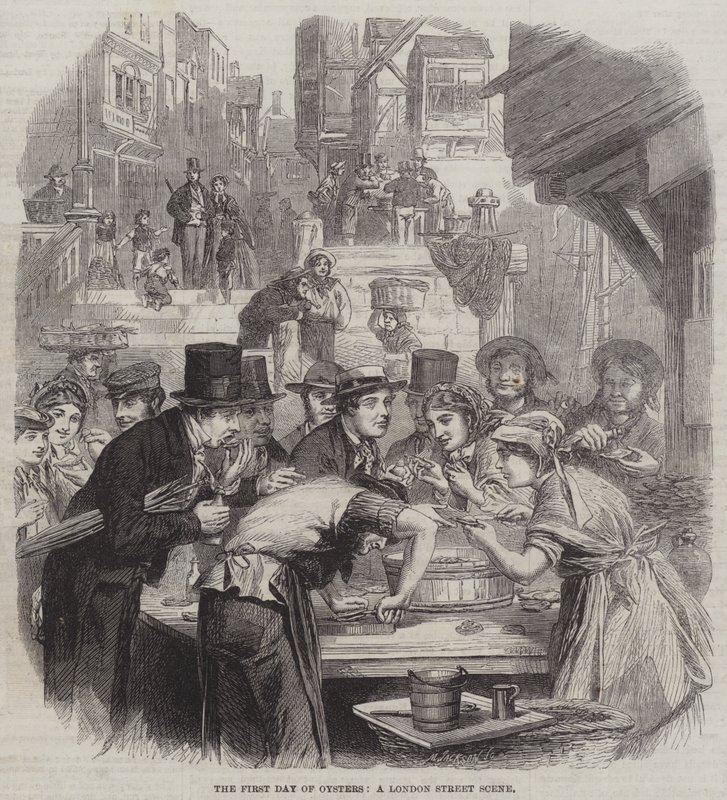 The First Day of Oysters, en London Street Scene (gravering) av English School