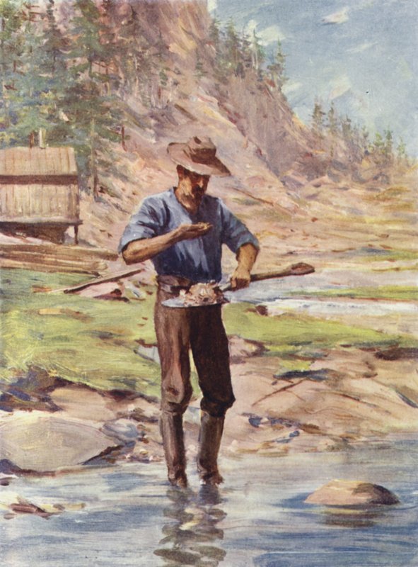Den første oppdagelsen av gull i California (farge litho) av English School