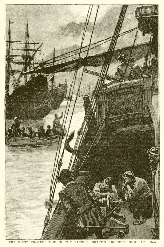 Det første engelske skipet i Stillehavet: Drakes Golden Hind ved Lima av English School