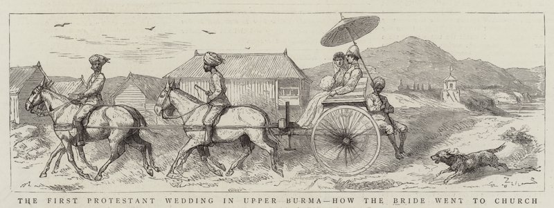 Det første protestantiske bryllupet i Øvre Burma, hvordan bruden dro til kirken (gravering) av English School