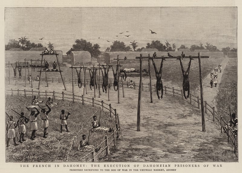 Franskmennene i Dahomey, henrettelsen av Dahomeianske krigsfanger (gravering) av English School