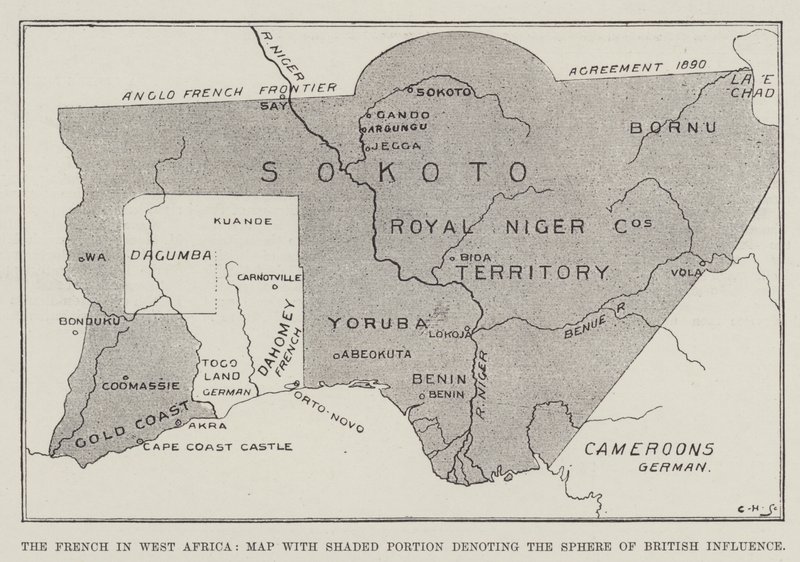 Franskmennene i Vest-Afrika, kart med skyggelagt del som angir sfæren for britisk innflytelse (litho) av English School