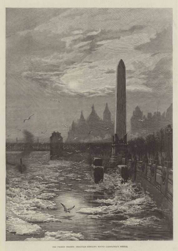 The Frozen Thames, måker som sirkler rundt Cleopatras nål (gravering) av English School
