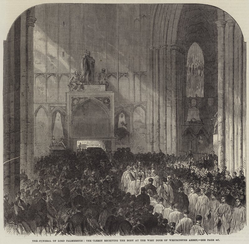 Begravelsen til Lord Palmerston, presteskapet som mottar liket ved vestdøren til Westminster Abbey (gravering) av English School