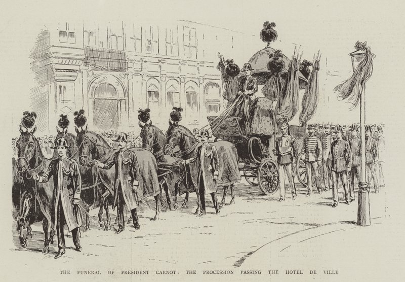 Begravelsen til president Carnot, prosesjonen som passerer Hotel de Ville (litho) av English School