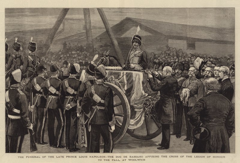 Begravelsen til avdøde prins Louis Napoleon, hertugen de Bassano, som fester æreslegionens kors til Pallen, i Woolwich (gravering) av English School