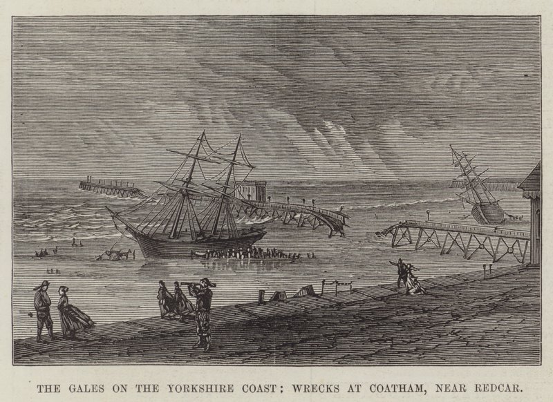 The Gales on the Yorkshire Coast, Wrecks at Coatham, nær Redcar (gravering) av English School