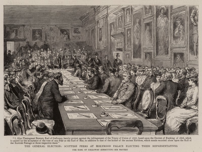 Generalvalget, skotske jevnaldrende ved Holyrood Palace velger sine representanter (gravering) av English School