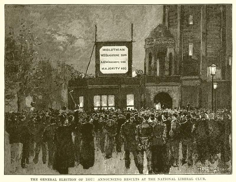 Generalvalget i 1892: Kunngjøring av resultater ved National Liberal Club av English School