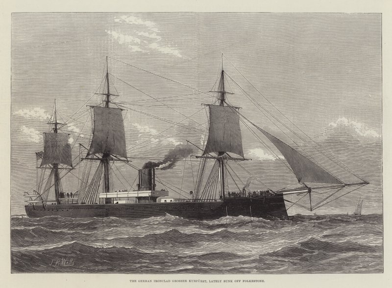 Den tyske Ironclad Grosser Kurfurst, nylig senket av Folkestone (gravering) av English School