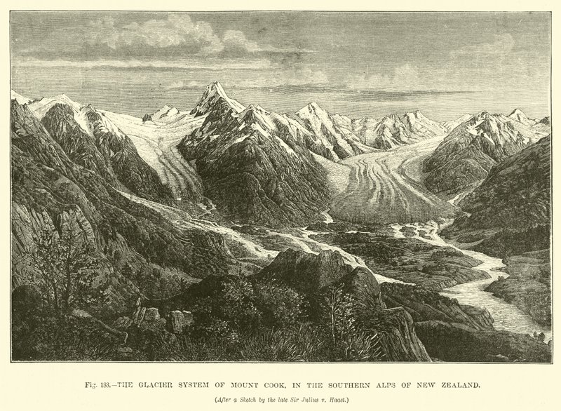 Isbresystemet til Mount Cook, i de sørlige Alpene på New Zealand av English School
