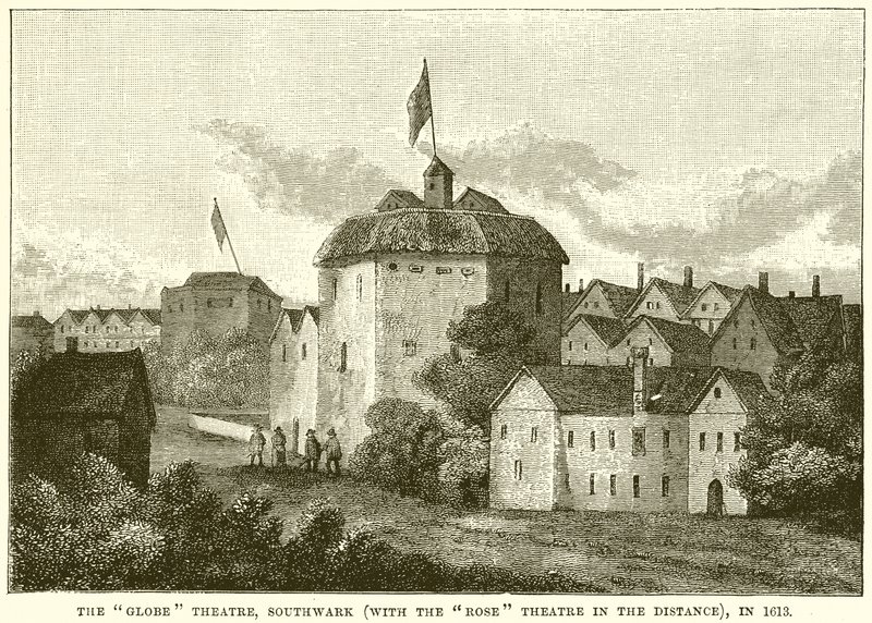 The Globe Theatre, Southwark (With the Rose Theatre in the Distance), i 1613 av English School