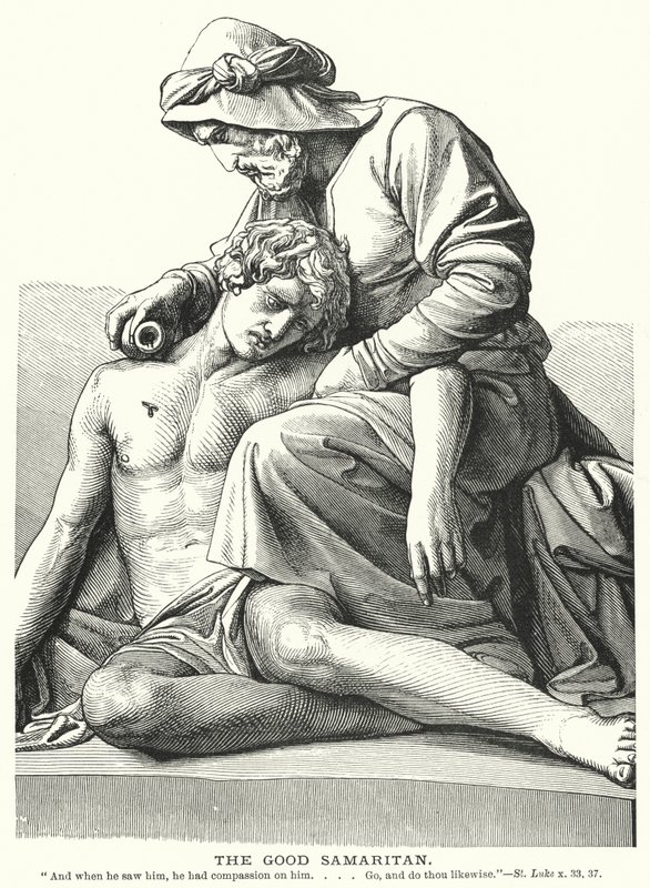 Den barmhjertige samaritan (gravering) av English School