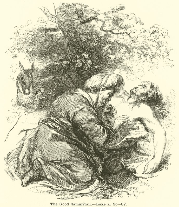 Den barmhjertige samaritan, Luke, x, 25, 37 av English School
