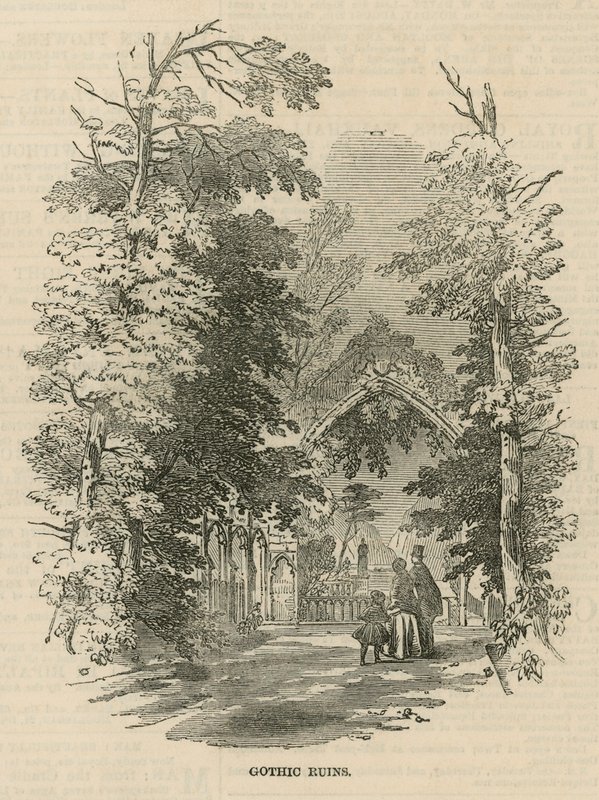 De gotiske ruinene i Vauxhall Gardens av English School