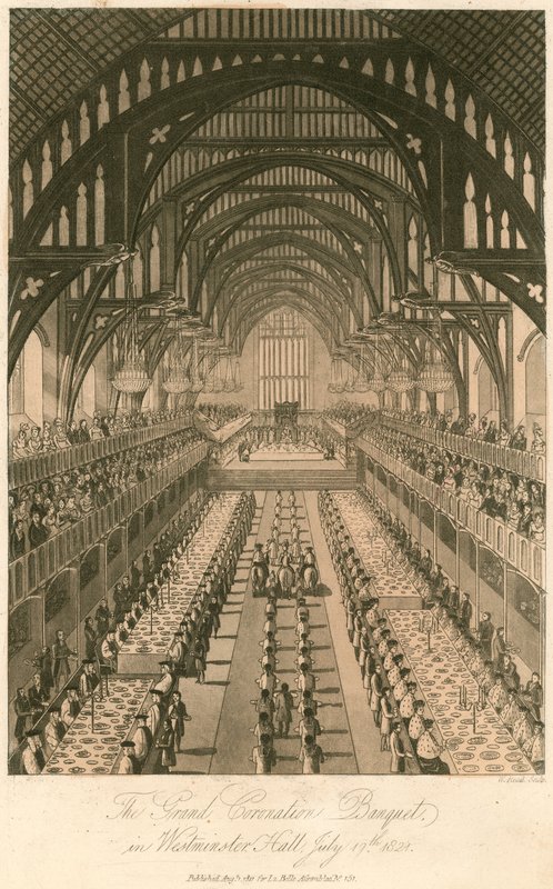 Den store kroningsbanketten til kong George IV i Westminster Hall, 17. juli 1821 av English School